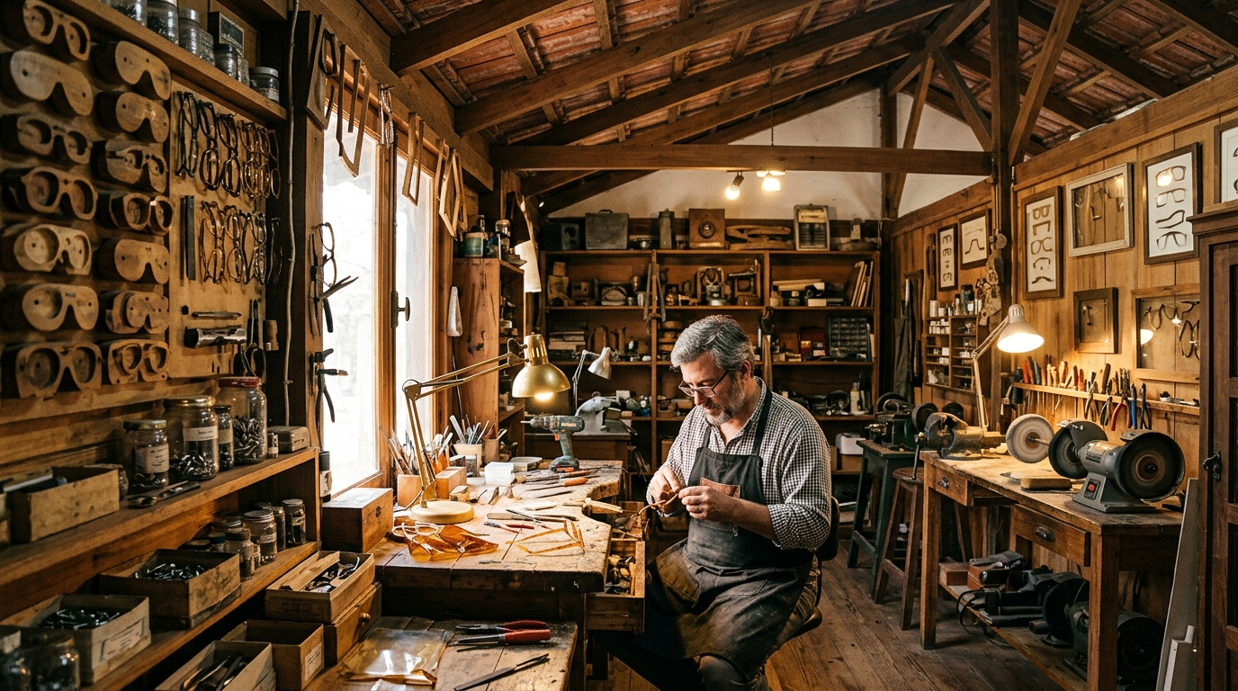 Maestro artesano en el taller óptico de LA FABRICA en Villa Gesell